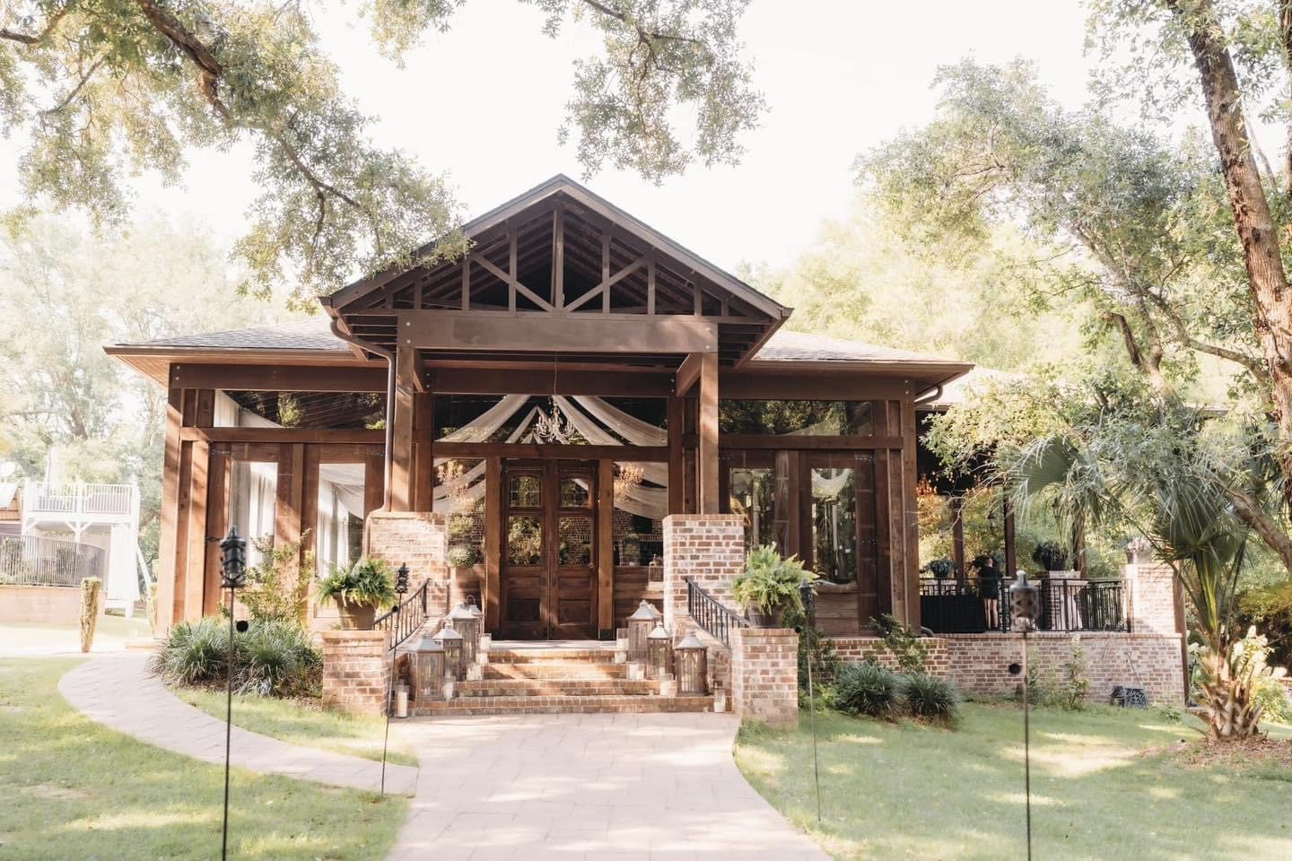 Rustic wooden wedding venue entrance.