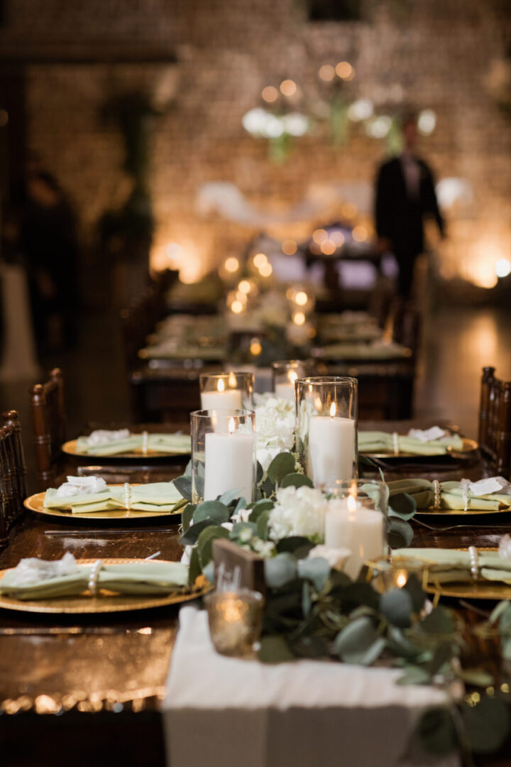 Wedding reception table with candles.
