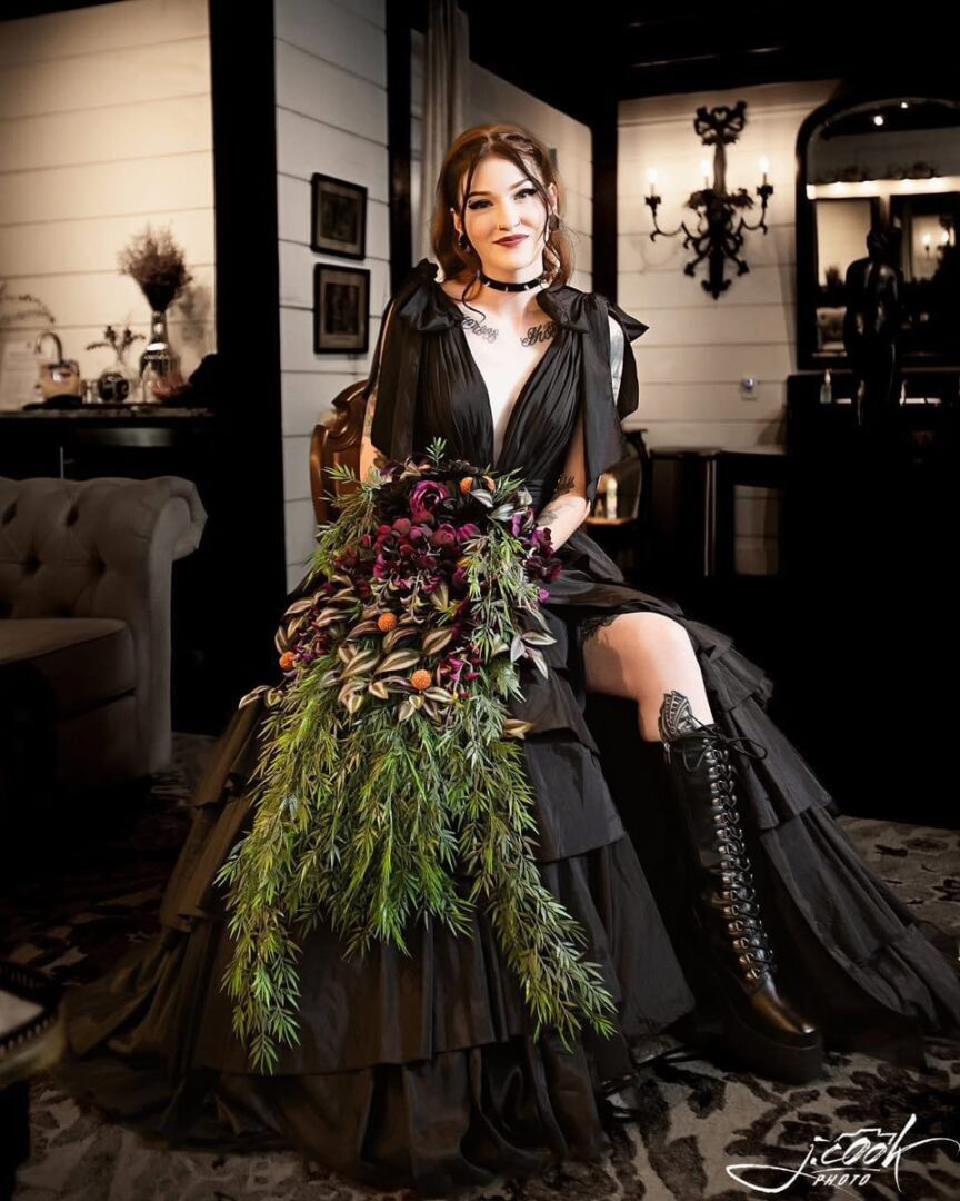 Bride in black gothic wedding dress.