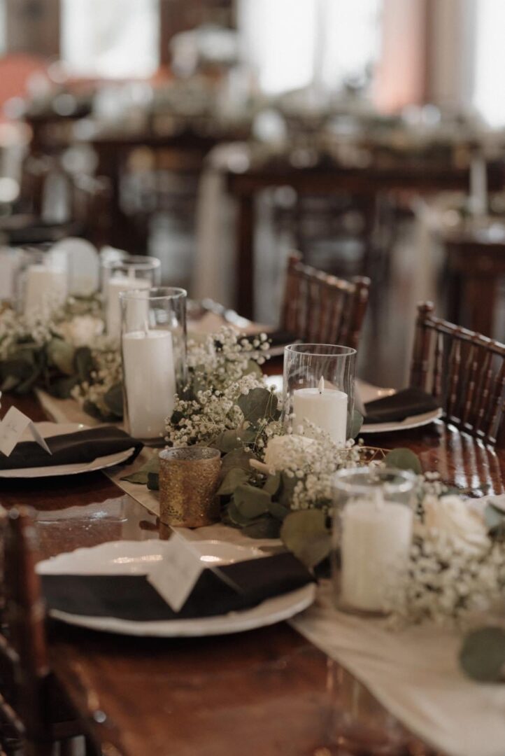 Wedding table centerpiece with candles.