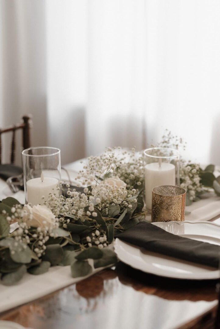Romantic wedding table setting with candles.