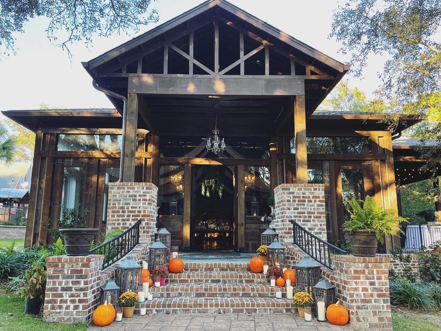 Rustic brick building, autumn decor.