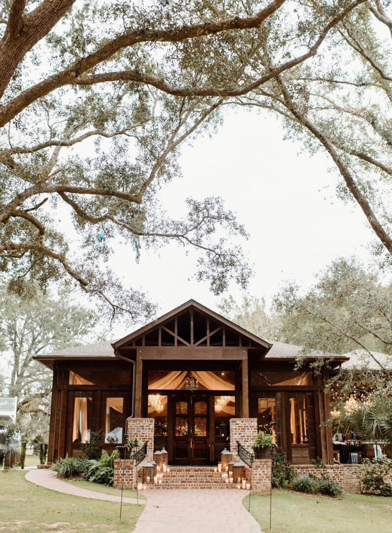 Rustic wooden wedding venue entrance.