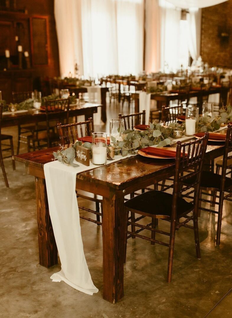 Rustic wedding reception table setting.