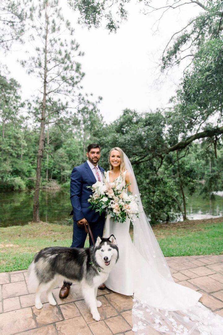 Bride, groom, and husky dog wedding photo.