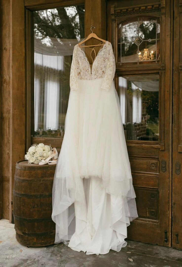 Lace wedding dress hangs on door.
