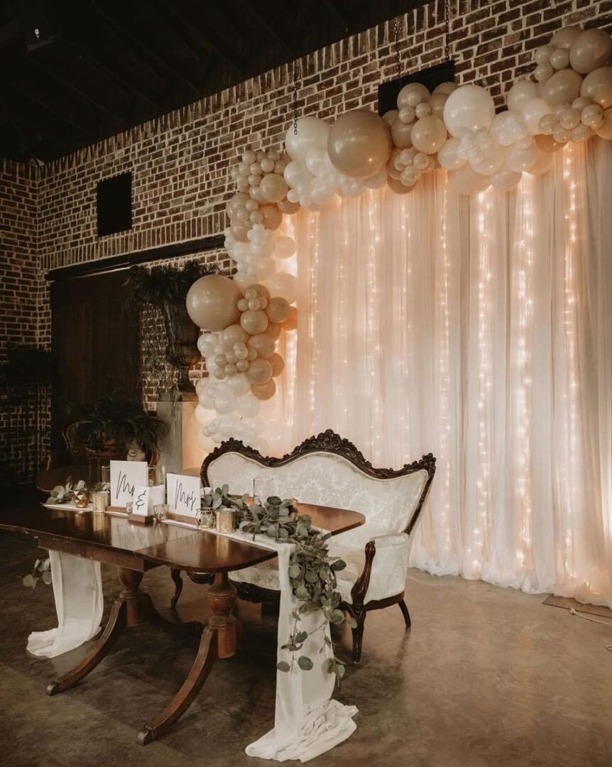 Romantic wedding sweetheart table setup.