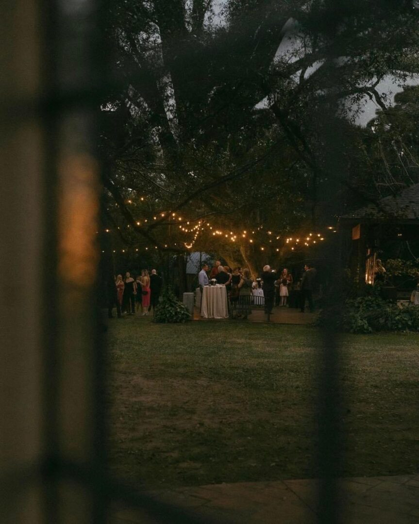 Outdoor wedding reception, string lights.