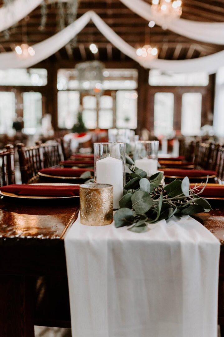 Rustic wedding table centerpiece candles.