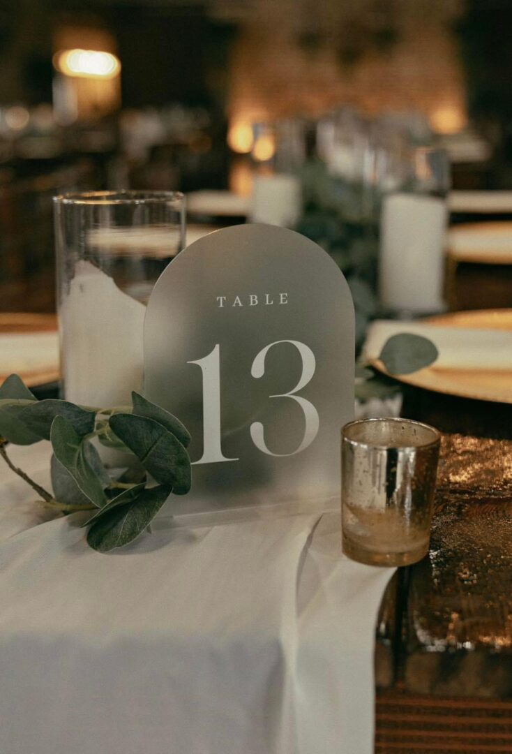 Table number thirteen wedding decor.
