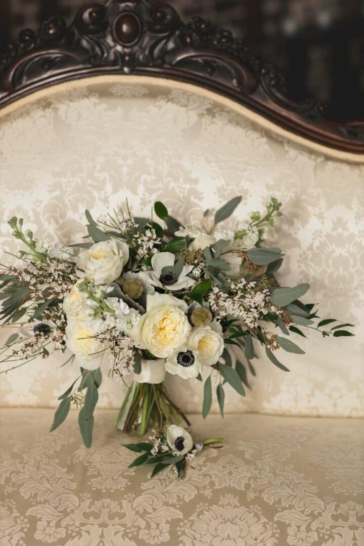 Elegant wedding bouquet with roses and anemones.