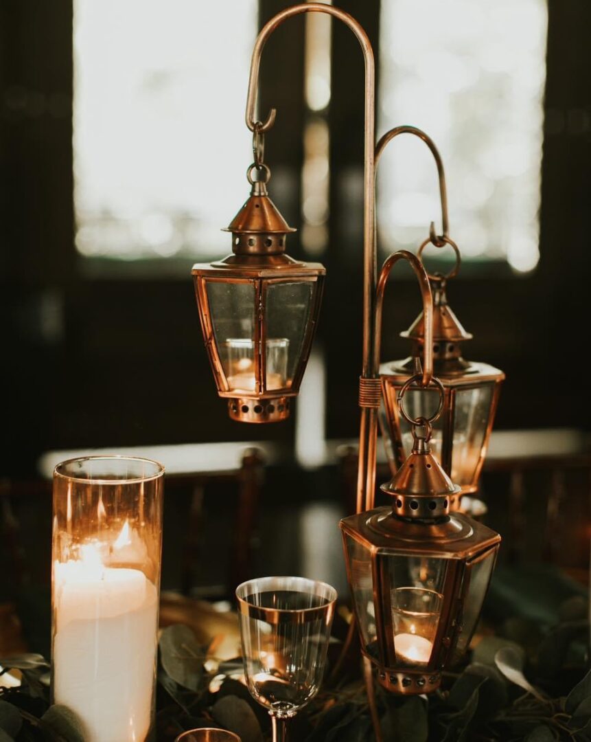 Copper lanterns candle centerpiece decor.