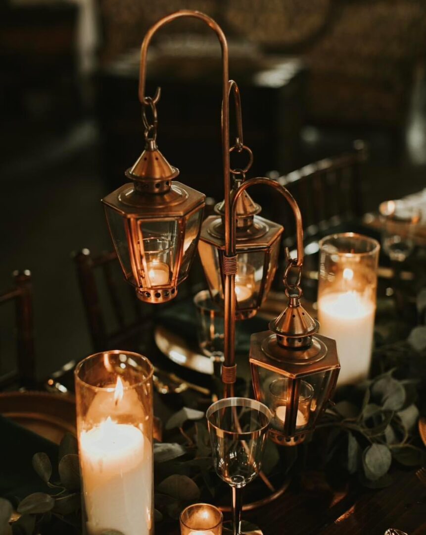 Copper candle lantern centerpiece.
