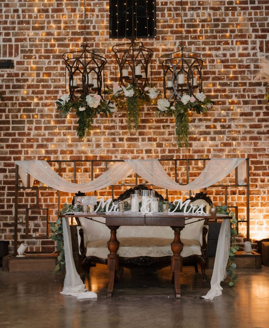Romantic wedding sweetheart table setting.