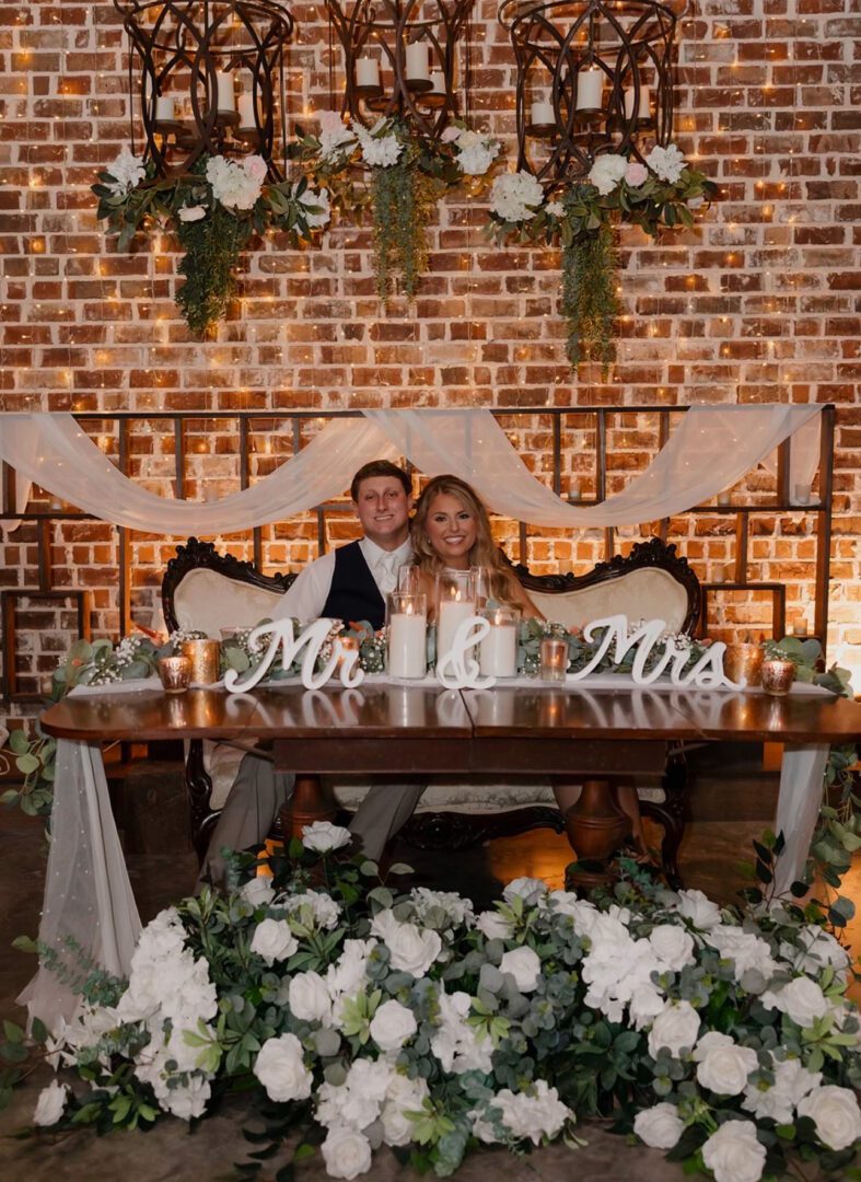 Bride and groom at wedding reception.