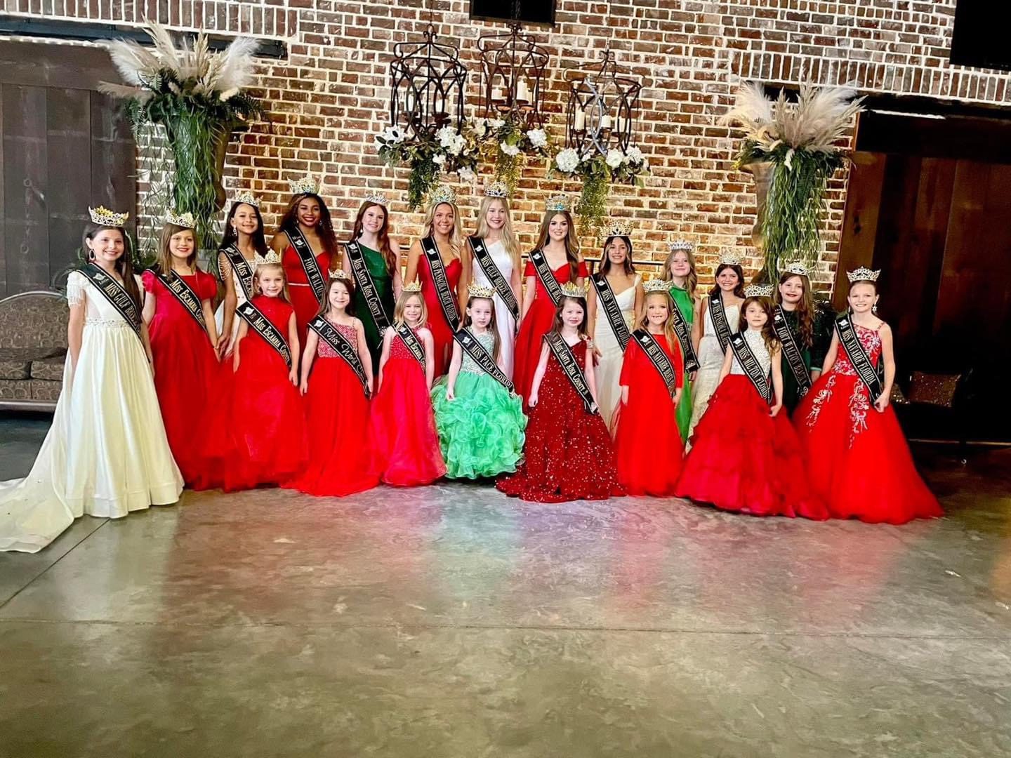 Here's an 8-word alt tag for the image: Many pageant queens in formal gowns posing.
